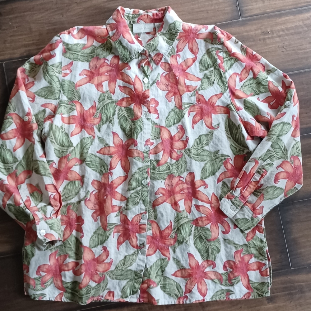 Studio works linen L womens tropical floral shirt Cruise travel Beach Hawaiian